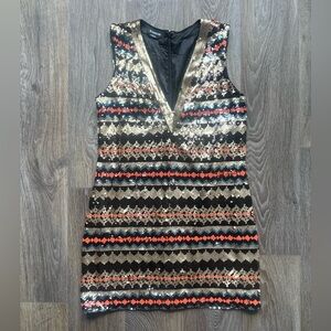 Bebe Sequin Mini Dress Women M Geometric Party Club Vegas Y2K Sleeveless V Neck